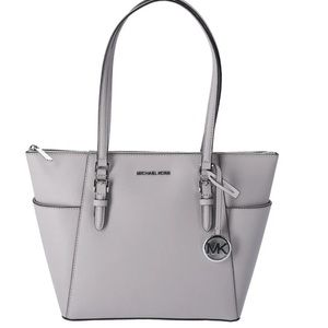 MICHAEL KORS JET SET TRAVEL Pearl Grey LEATHER East West TOP ZIP TOTE Bag Purse